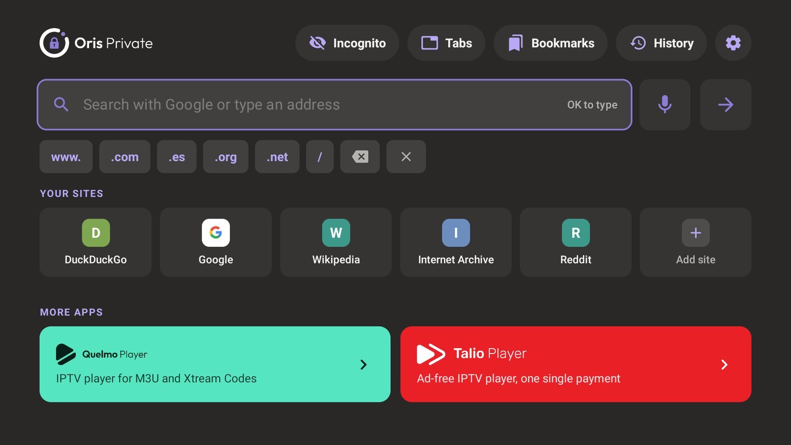 OrisPrivate home screen with search bar and your favourite sites