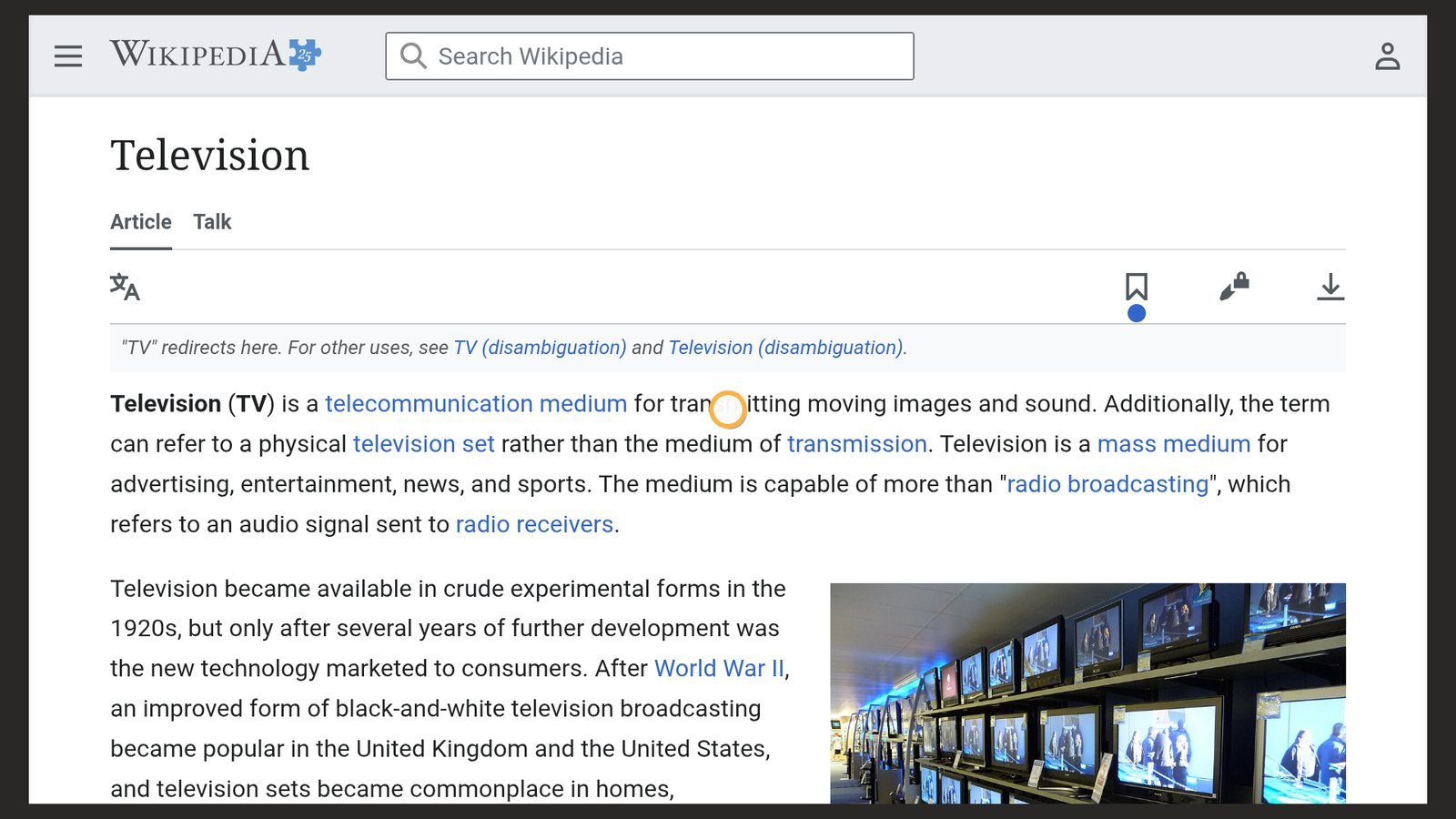 A Wikipedia page with the cursor