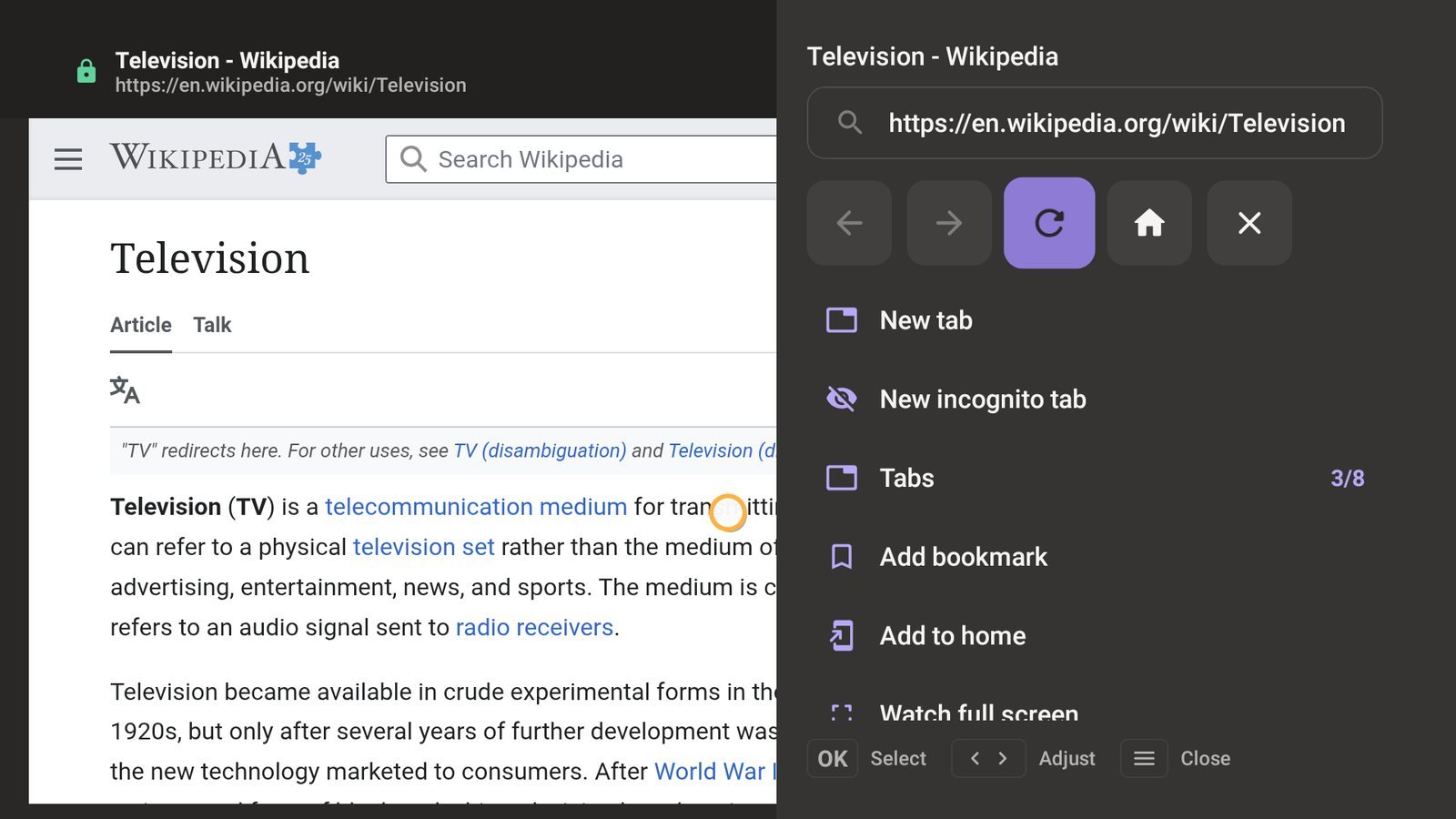 Browser menu over a web page with address bar, navigation and tabs